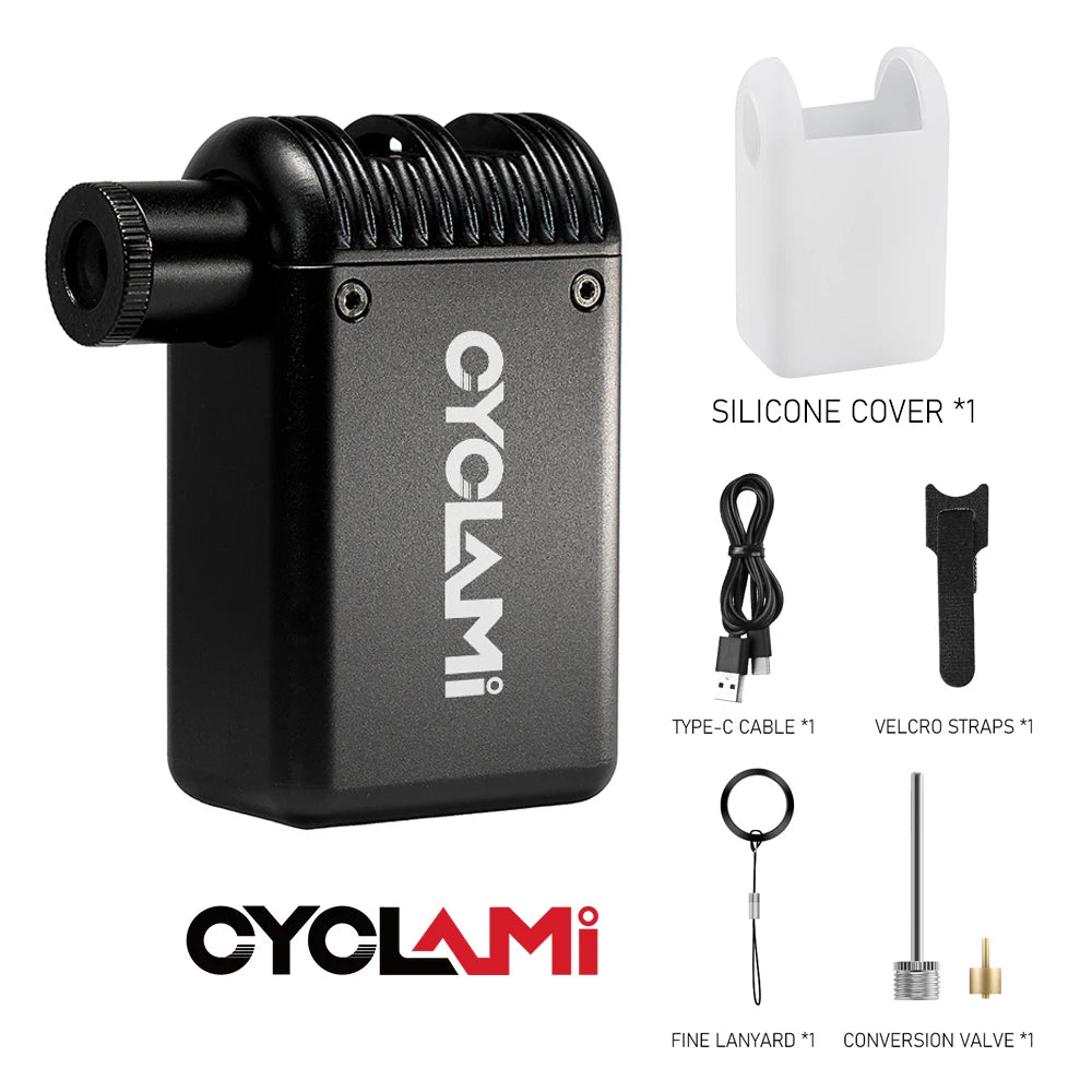 The package includes the A3 Mini Electric Air Pump, silicone sleeve, extension air tube, and charging cable. This portable bicycle pump set is comprehensive, providing everything you need for effective tire inflation.