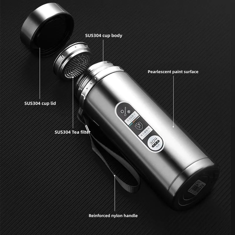 800ML-1 Liter Stainless Steel Thermos Bottle with LED Temperature Display: This image showcases the thermos in a sleek silver design, emphasizing the LED temperature display and its practicality for on-the-go use.