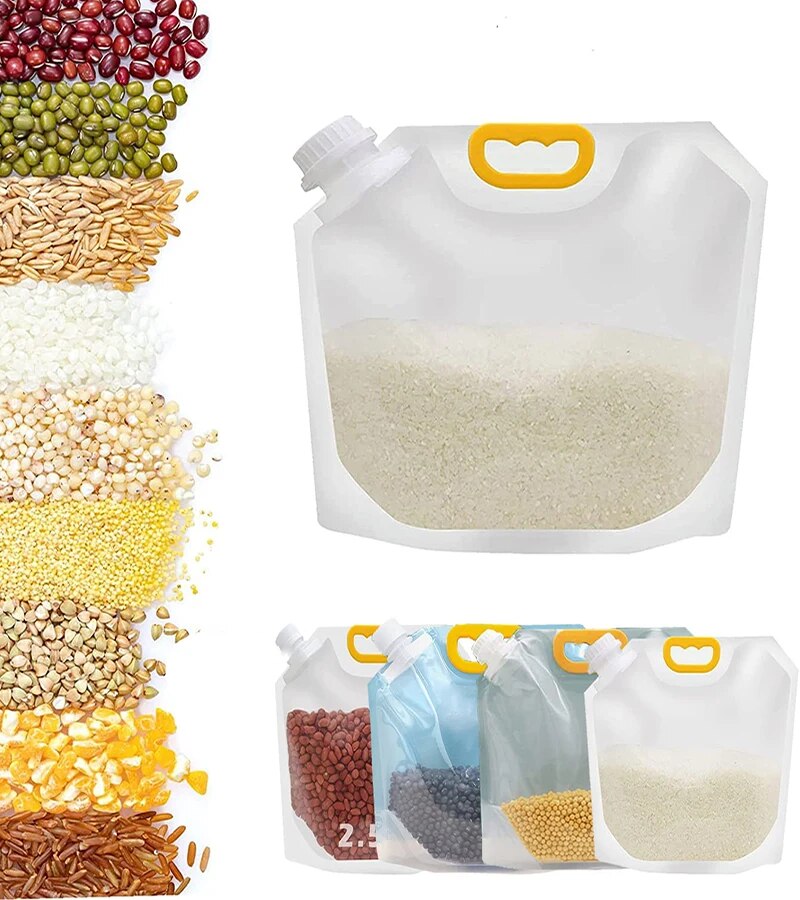 Multipurpose Grain Storage Bags - Moisture-Proof, Sealed, Clear Spout Pouches with Handle for Cereal, Rice, and Food Packaging - Available in Various Sizes