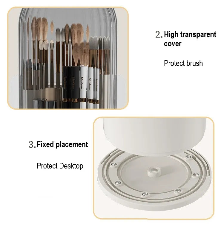 Luxury 360° Rotating Makeup Brush Holder with Lid - Transparent Cosmetic Organizer for Lipstick, Eyebrow Pencils, Eye Shadow - Space-Saving, Dustproof Beauty Storage Solution