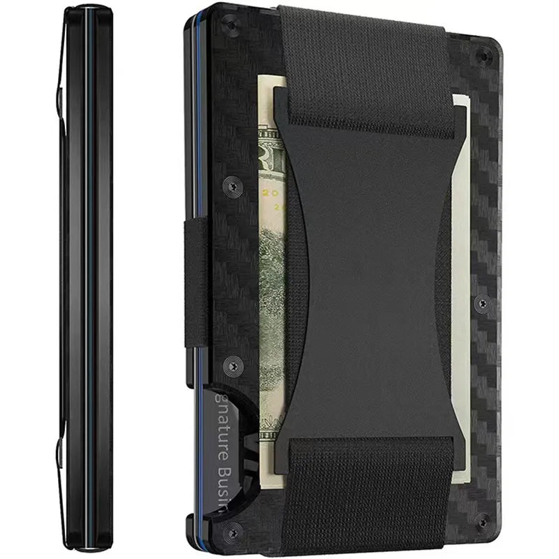 A side and front view of a slim, black card holder with elastic cash strap, showcasing a thin profile and a compartment holding US currency notes.