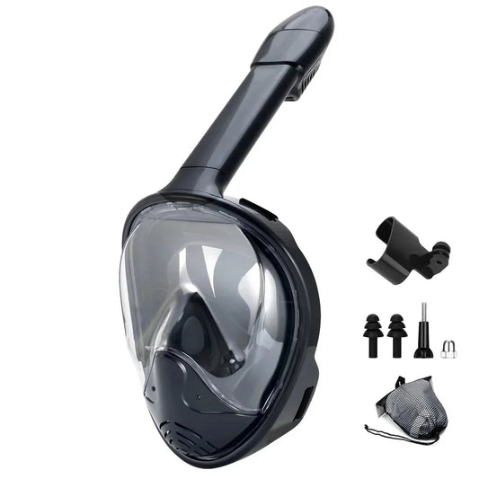 Full Face Snorkeling Mask Set  This image shows a black full face snorkeling mask set, including the mask, breathing tube, and small accessories for assembly. The set is designed to provide a clear and immersive underwater experience.