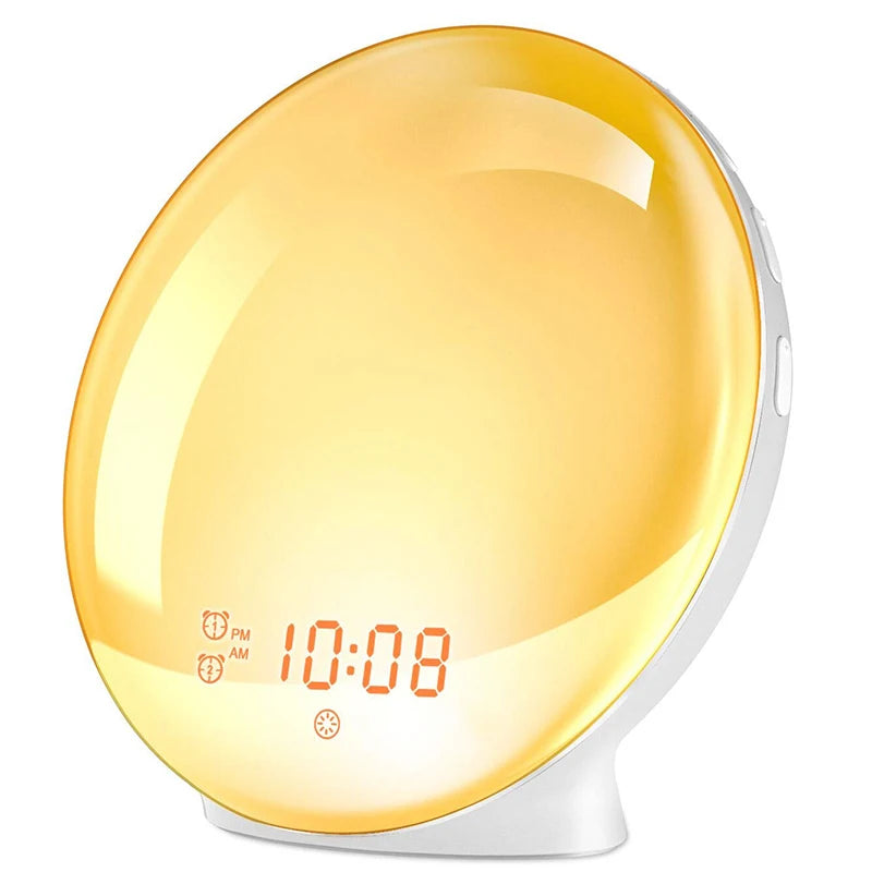 A close-up of a wake-up light alarm clock with a yellow sunrise simulation, displaying the time 10:08. Perfect for heavy sleepers.