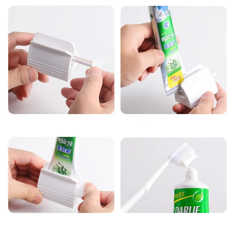 A sequence of images showing hands squeezing a toothpaste tube into a squeezer device from different angles