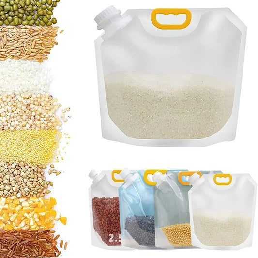 The image displays a collection of transparent, moisture-proof sealed storage bags with a white spout and handle. They are filled with various grains, such as rice, legumes, and seeds, showcasing the product's use for food storage. The bags come in different sizes, and the clear material allows for easy identification of the contents. They are designed to be sturdy and portable, making them suitable for kitchen organization and food preservation.