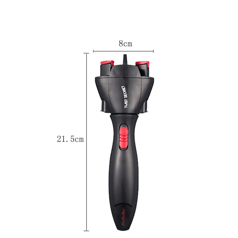 The Electric Hair Styling Tool is displayed in a standalone product shot, highlighting its sleek black and red design, with its braiding prongs open, ready to twist and style hair effortlessly.