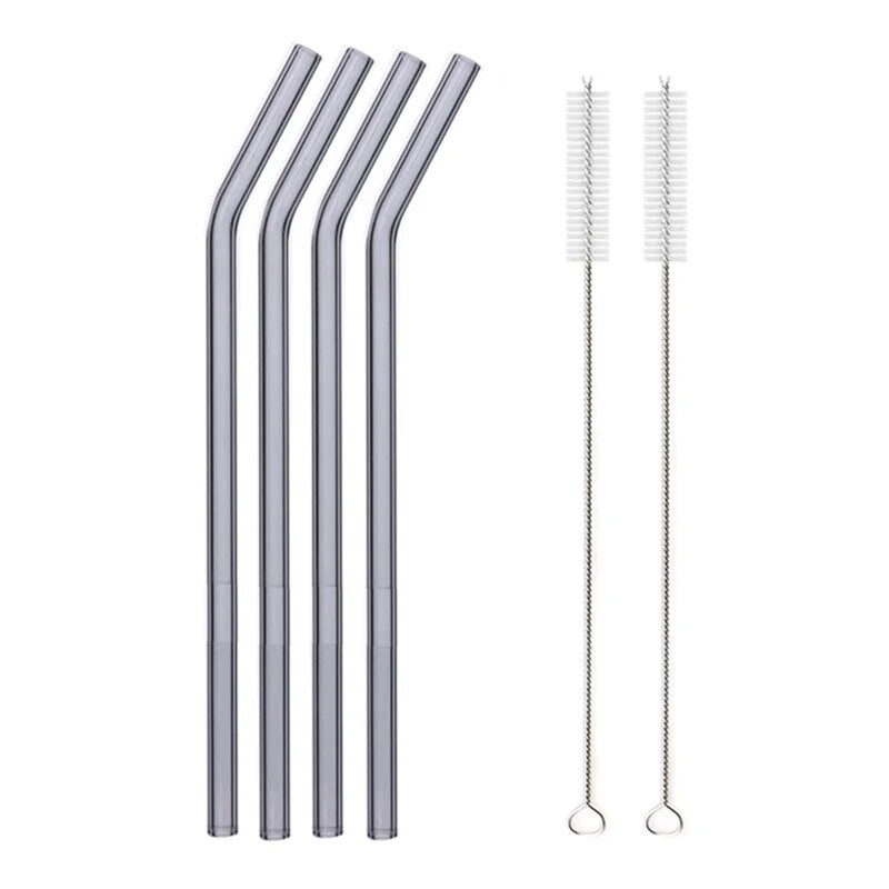 Individual images showing silver  bent  glass straws with cleaning brushes placed beside them on a white background.