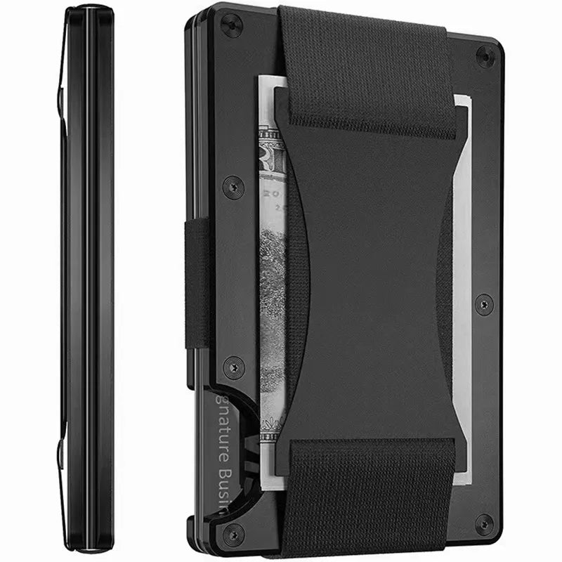 A side and front view of a slim, black card holder with elastic cash strap, showcasing a thin profile and a compartment holding US currency notes.