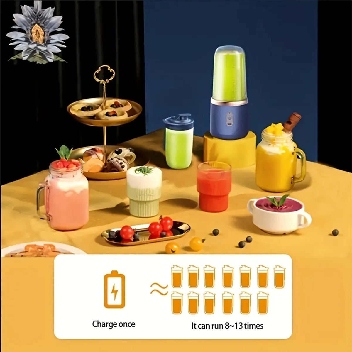 Various beverages made with the Portable USB Electric Juicer Blender, including smoothies and milkshakes. The image emphasizes the product's ability to charge once and blend 8-13 times, showcasing its practicality and versatility.
