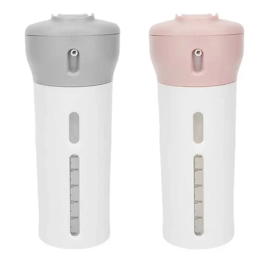 Grey and Pink 4-in-1 Portable Travel Liquid Dispensers Upright: Both grey and pink-capped dispensers are presented in a vertical position, ready for use and displaying the liquid levels through the clear casing.