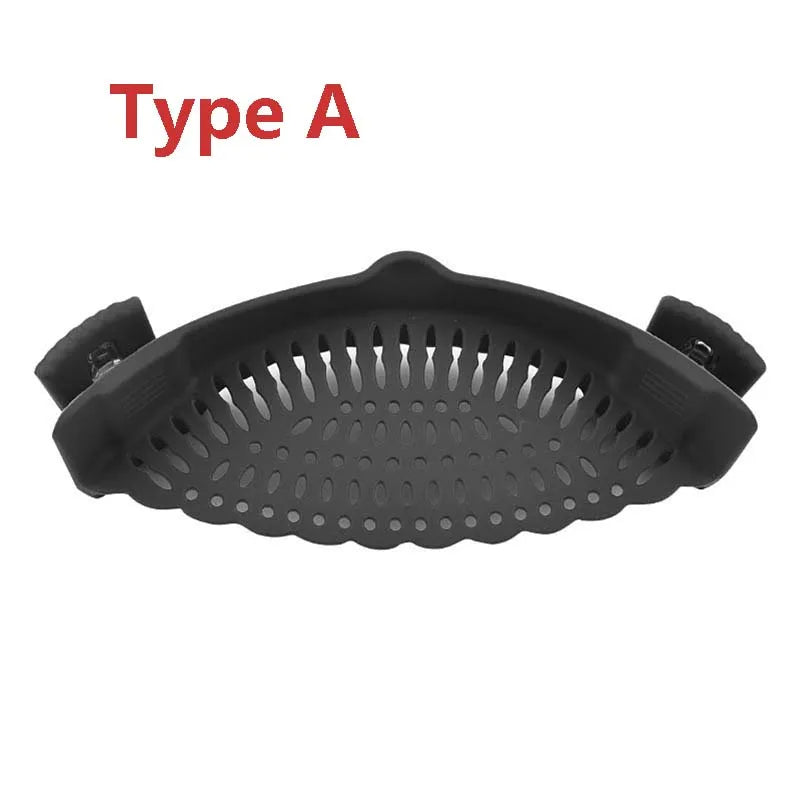 A black silicone strainer, labeled "Type A", is shown detached, displaying its design and clip-on feature.