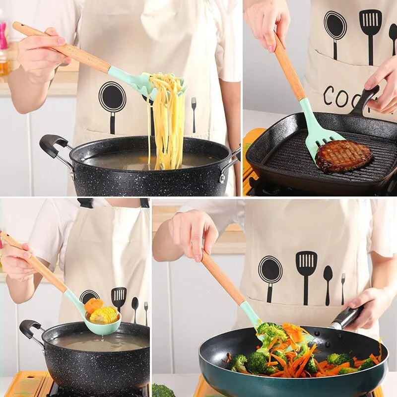 12Pcs Eco-Friendly Silicone Kitchen Utensil Set with Wooden Handles and Storage Bucket - High Temperature Resistant, Non-Stick Cooking Tools