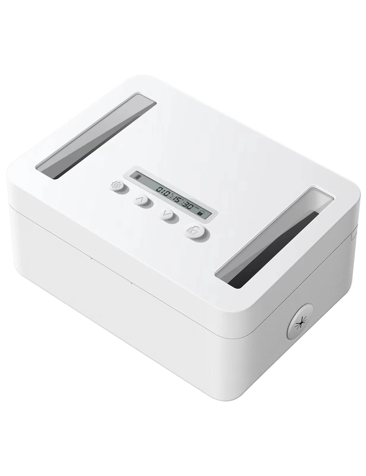 Front View of the Metal Timed Lock Box: A white, sturdy metal lock box with a top slot for inserting devices, featuring a simple keypad and a small LED screen for timer display.