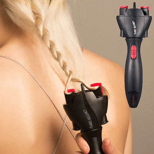 A woman with her back turned showcases a long braid created using the Electric Hair Styling Tool, which is visibly clamped onto the braid's end, indicating the tool's practical use in styling hair.