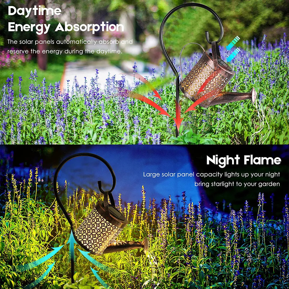 The Solar Watering Can Light brightens up a garden area, highlighting flowers and greenery with a magical glow. Perfect solar outdoor lights for your garden.