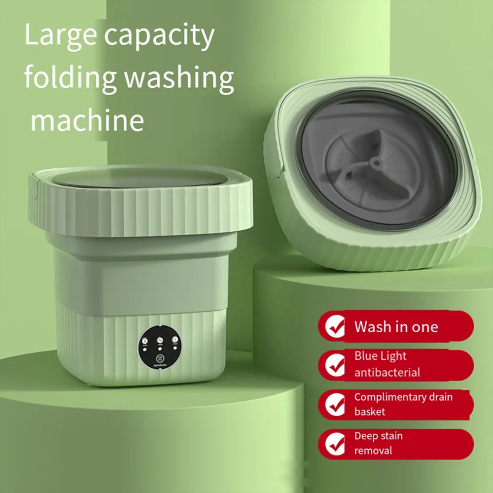 A focus on the machine's functionality with labels pointing to features such as "Sorting wash care," "Blue light bacteriostasis," and "Deep stain removal," in a green version, emphasizing its advanced cleaning capabilities.