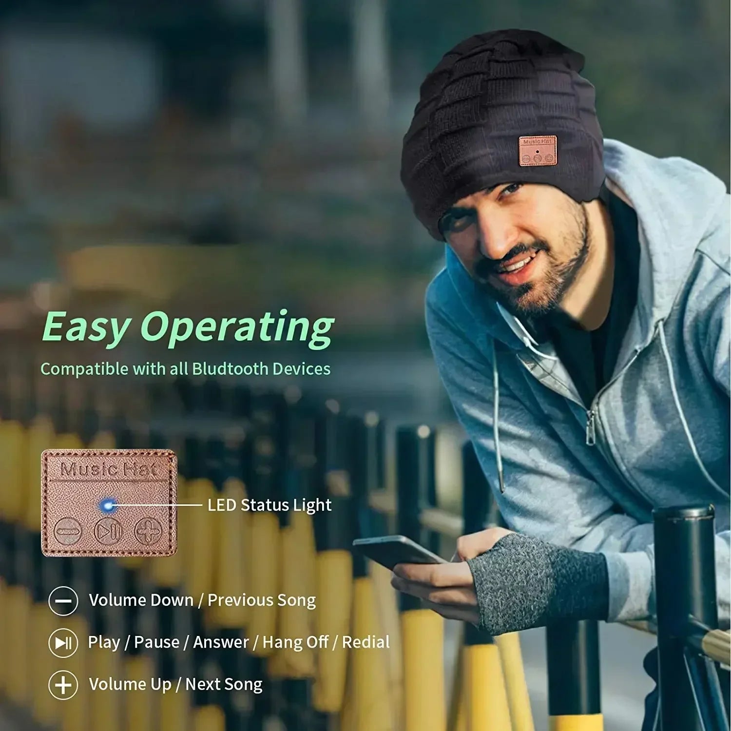 A man outside in cold weather smiling and wearing a dark beanie, with icons indicating easy operation of an embedded device.