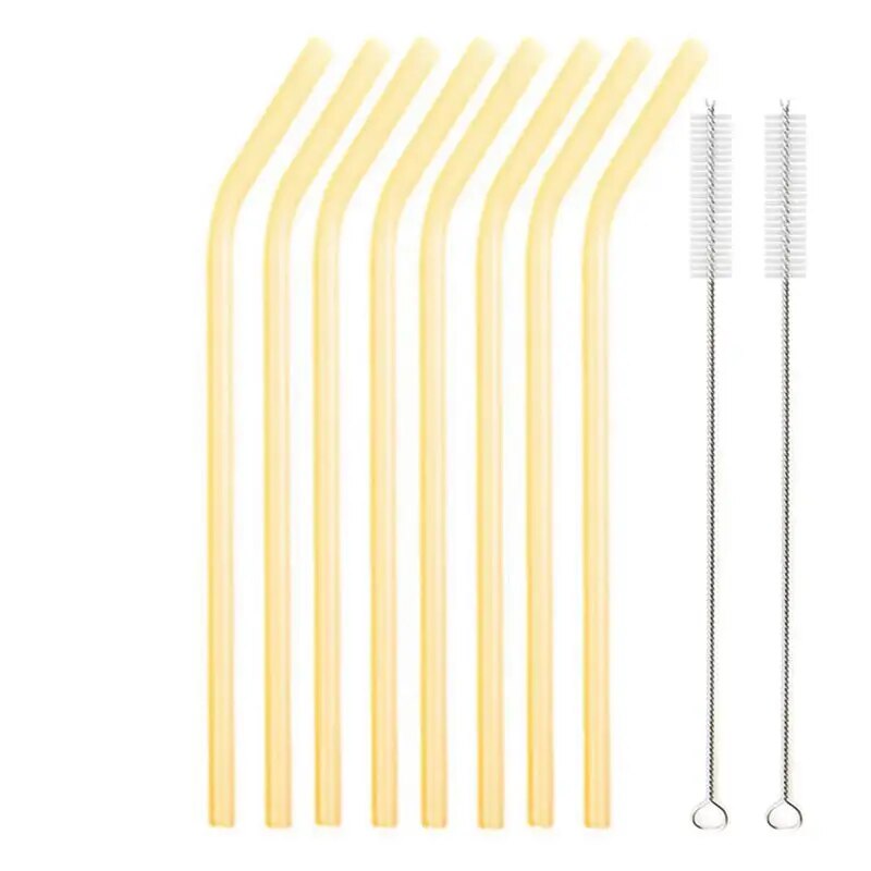Individual images showing yellow bent glass straws with cleaning brushes placed beside them on a white background.