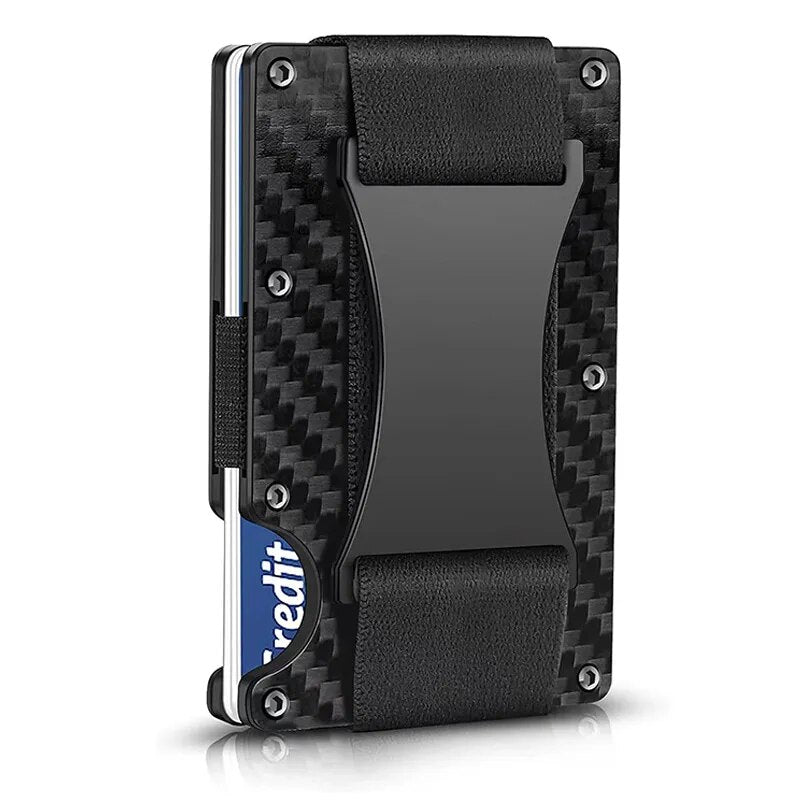 A side and front view of a slim, real carbon fiber card holder with elastic cash strap, showcasing a thin profile and a compartment