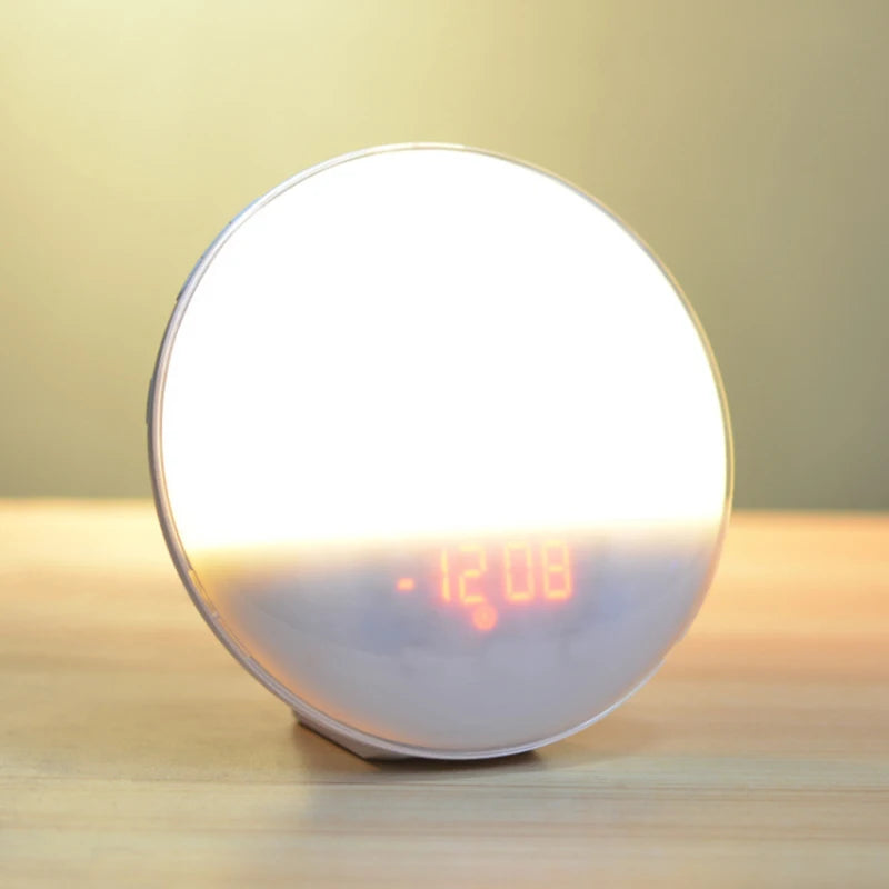 Colorful Wake Up Options A set of wake-up light alarm clocks in various colors, displaying different times. Ideal for customizing your wake-up experience.