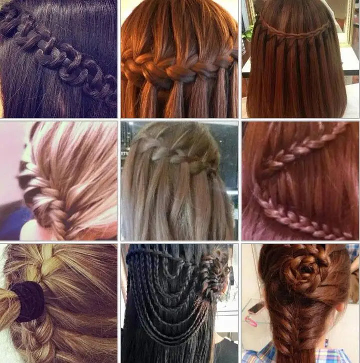 An array of hairstyle options is presented, showcasing the versatility of the Electric Hair Styling Tool in creating various braid designs, from classic twists to intricate updos, illustrating the tool's capacity for diverse styling.
