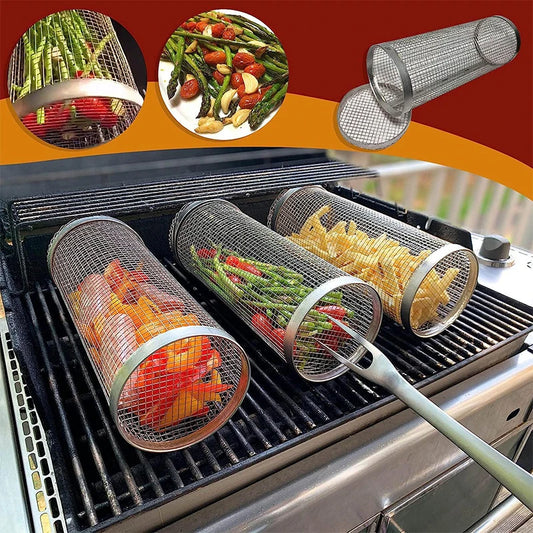 Stainless Steel Rolling BBQ Basket on a grill, filled with colorful vegetables like bell peppers and asparagus. The high-capacity, leakproof mesh design allows for even cooking and easy flipping.