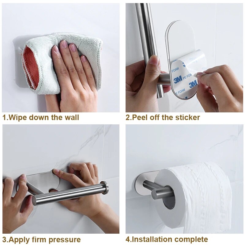 Instructional images depict the simple installation process of the adhesive backing on a wall, emphasizing ease of setup.