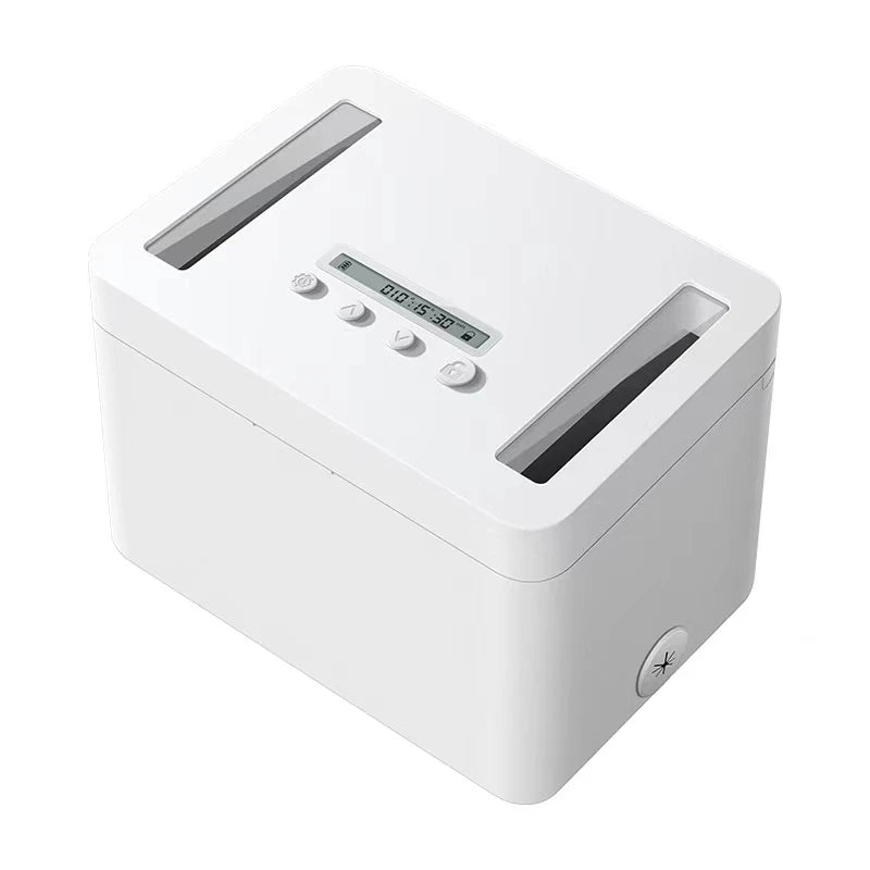 Front View of the Metal Timed Lock Box: A white, sturdy metal lock box with a top slot for inserting devices, featuring a simple keypad and a small LED screen for timer display. large size