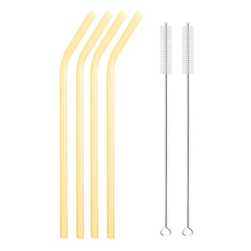 Individual images showing yellow bent and straight glass straws with cleaning brushes placed beside them on a white background.
