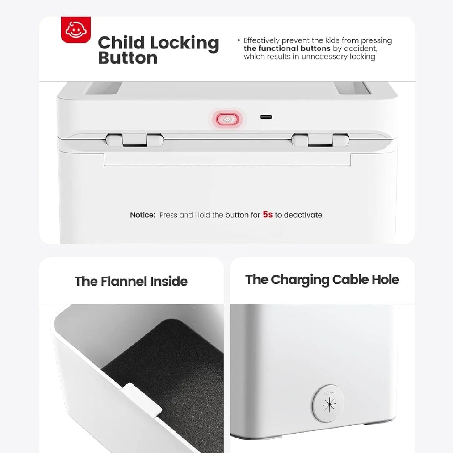 Child Lock Feature: Focus on the child lock button feature on the lock box, ensuring safety and preventing accidental or unwanted unlocking by children.