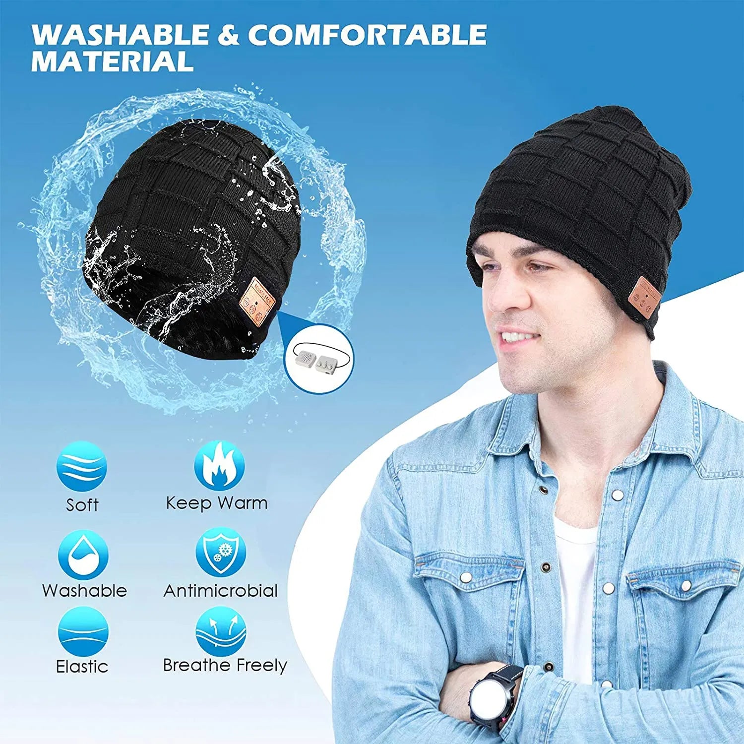 A beanie-wearing person controls a smartphone music app, highlighting the hat's sound capabilities.