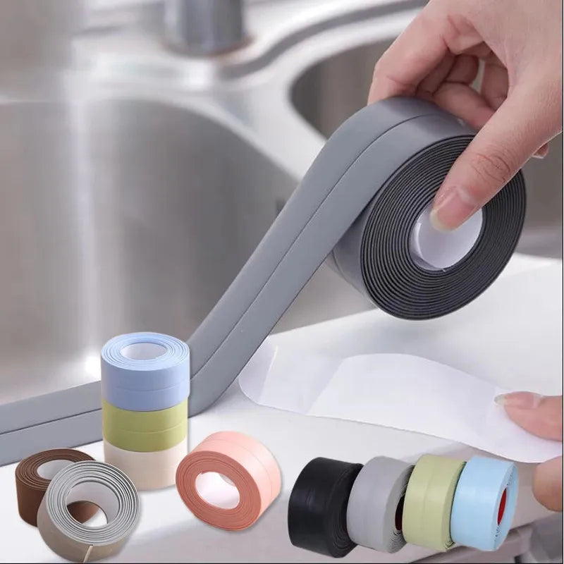 A collection of sealing strips in various colors including white, grey, and brown, displayed in rolls, some with their adhesive sides showing