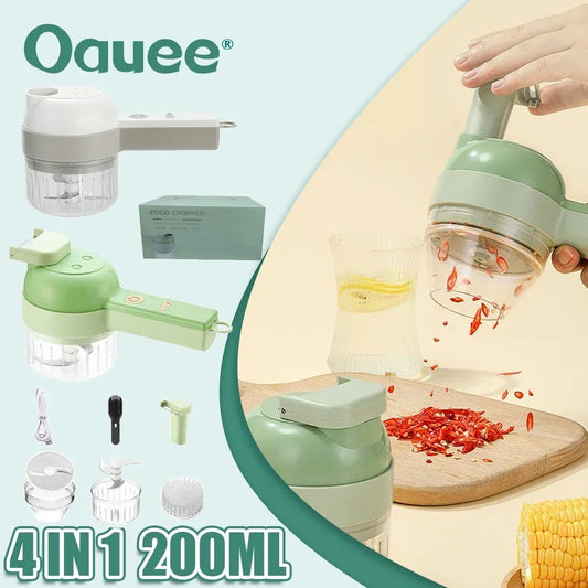 The image showcases a 4-in-1 200ml multifunctional kitchen gadget in pastel green, designed for chopping, slicing, and mashing. It includes attachments like a food chopper, slicer, and a cleaning brush, all presented against a split background of soft blue and cream