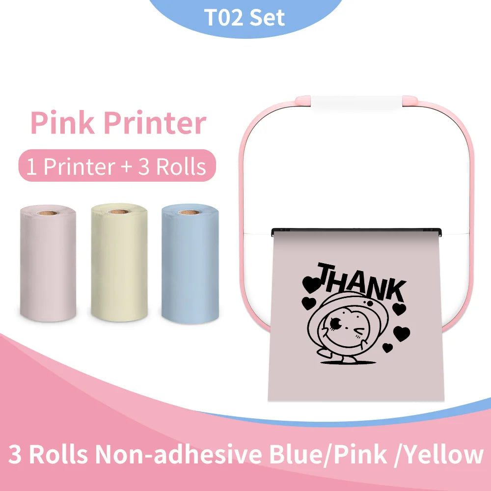 Pink Printer with Colorful Paper Rolls: A pink portable mini printer is depicted with three rolls of colored thermal paper, offering a pop of color to enhance any printing activity, from crafting to labeling.