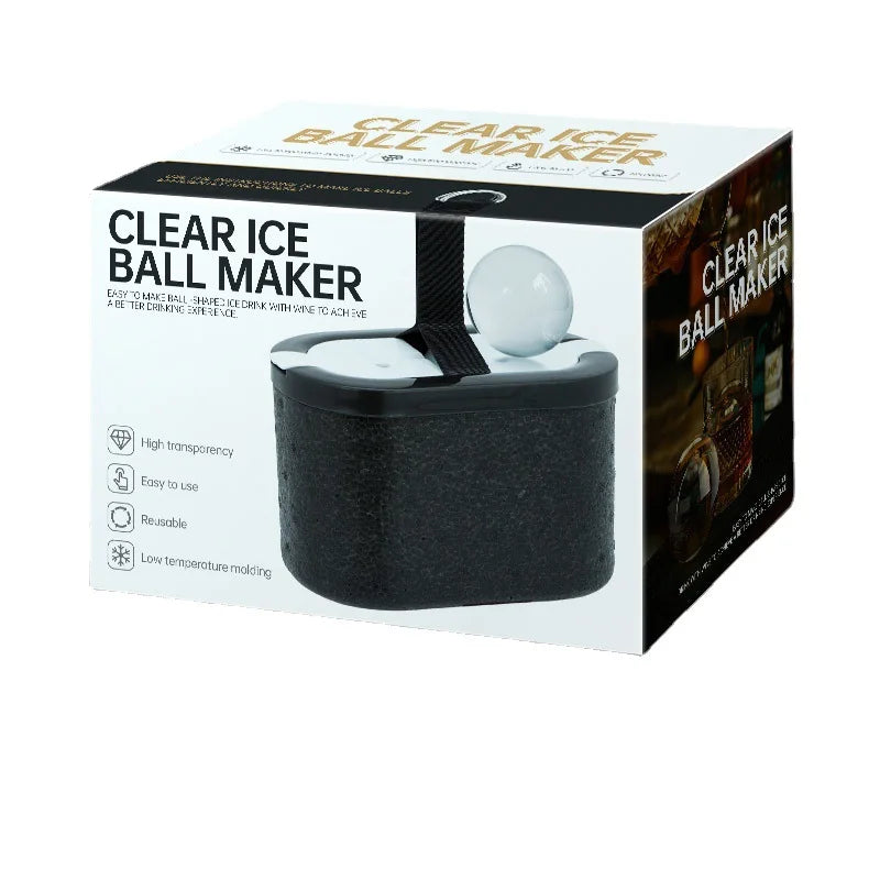 Packaging Display: The product packaging for the ice ball maker, highlighting the clear ice ball maker label and the included accessories for creating ice spheres.