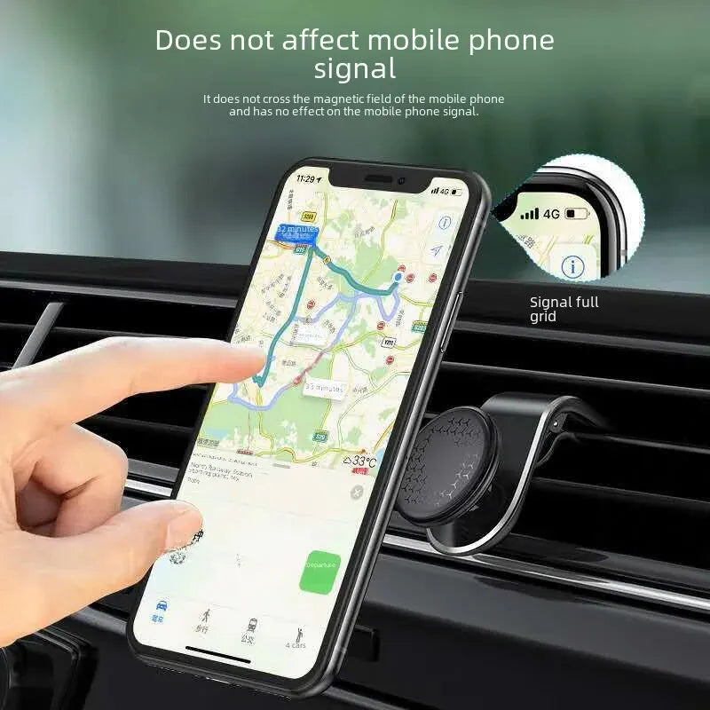 The image depicts a car phone holder with a phone mounted on it, displaying a navigation map. The text highlights that the holder does not block the air outlet, ensuring efficient air circulation while providing hands-free convenience.