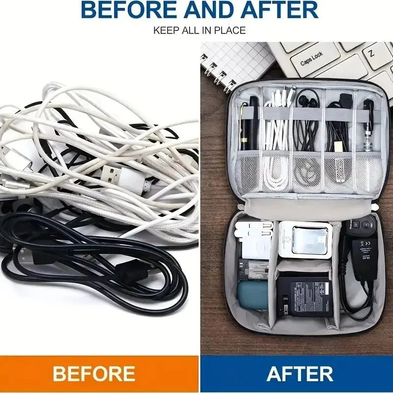  Before and after images of cable organization using the cord organizer, showing the transformation from tangled mess to neatly organized cords.