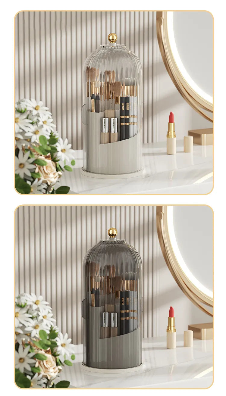 Luxury 360° Rotating Makeup Brush Holder with Lid - Transparent Cosmetic Organizer for Lipstick, Eyebrow Pencils, Eye Shadow - Space-Saving, Dustproof Beauty Storage Solution