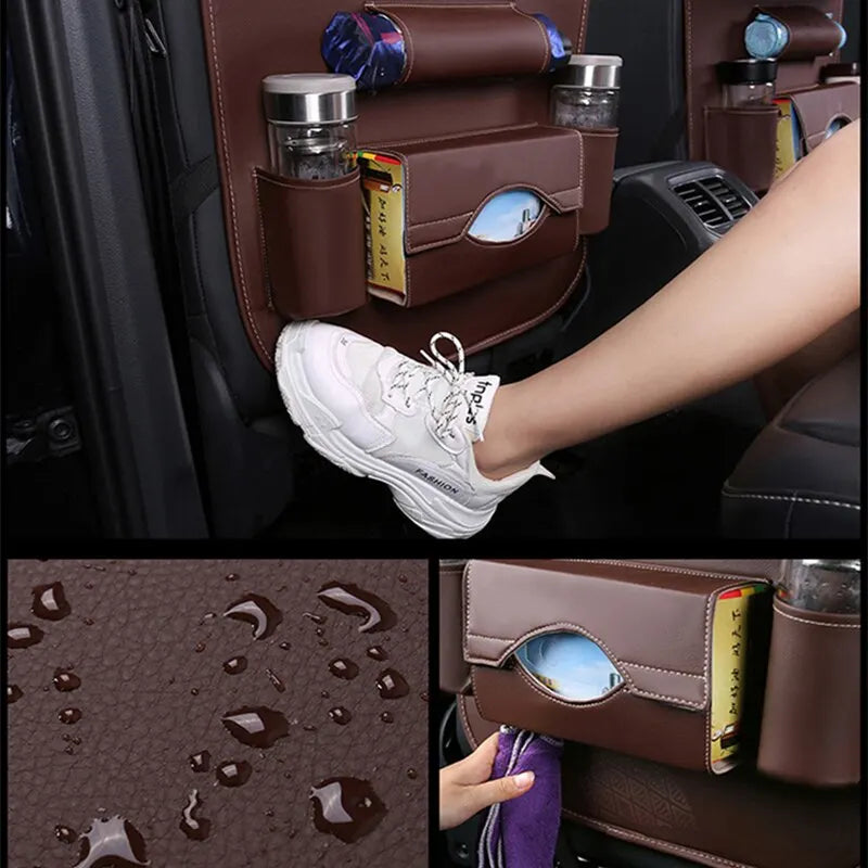 Car Seat Back Organizer with PU Leather Material: The organizer, made from high-quality PU leather, is shown in use. The image emphasizes the multiple pockets storing items like drinks and snacks, along with the kick mats protecting the car seat from dirt.