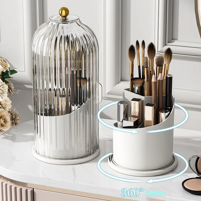 Luxury 360° Rotating Makeup Brush Holder with Lid - Transparent Cosmetic Organizer for Lipstick, Eyebrow Pencils, Eye Shadow - Space-Saving, Dustproof Beauty Storage Solution