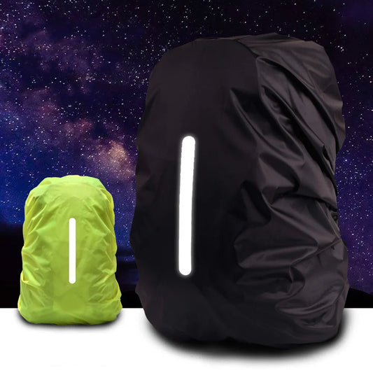  a vibrant yellow Reflective Waterproof Backpack Rain Cover designed for visibility and protection, accommodating backpacks sized 20-80L.  In the second image, we see a Reflective Waterproof Backpack Rain Cover in black, highlighted against a starry night sky backdrop, demonstrating its reflective properties in low light