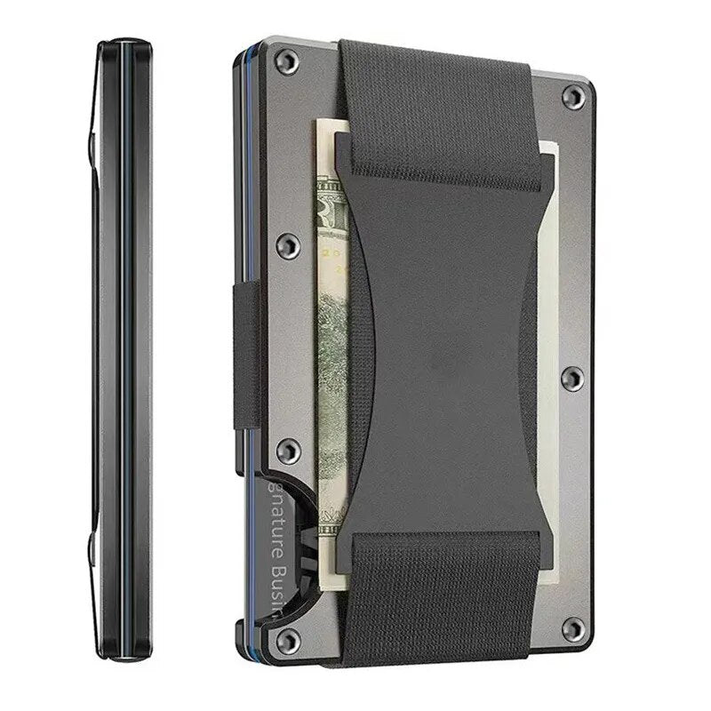 A side and front view of a slim, black card holder with elastic cash strap, showcasing a thin profile and a compartment holding US currency notes.