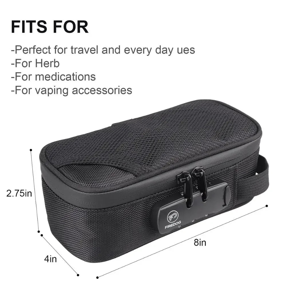 Featured here is the black Odor Smell Proof Cigarette Smoking Stash Bag, focusing on its interior components. The image highlights the bag's carbon lining for odor resistance, customizable storage with removable Velcro dividers, and the sturdy combination lock ensuring your stash remains both scent-proof and secure.