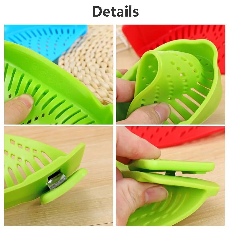 A green silicone strainer, also labeled "Type A", is shown detached, emphasizing its flexibility and clip-on mechanism.