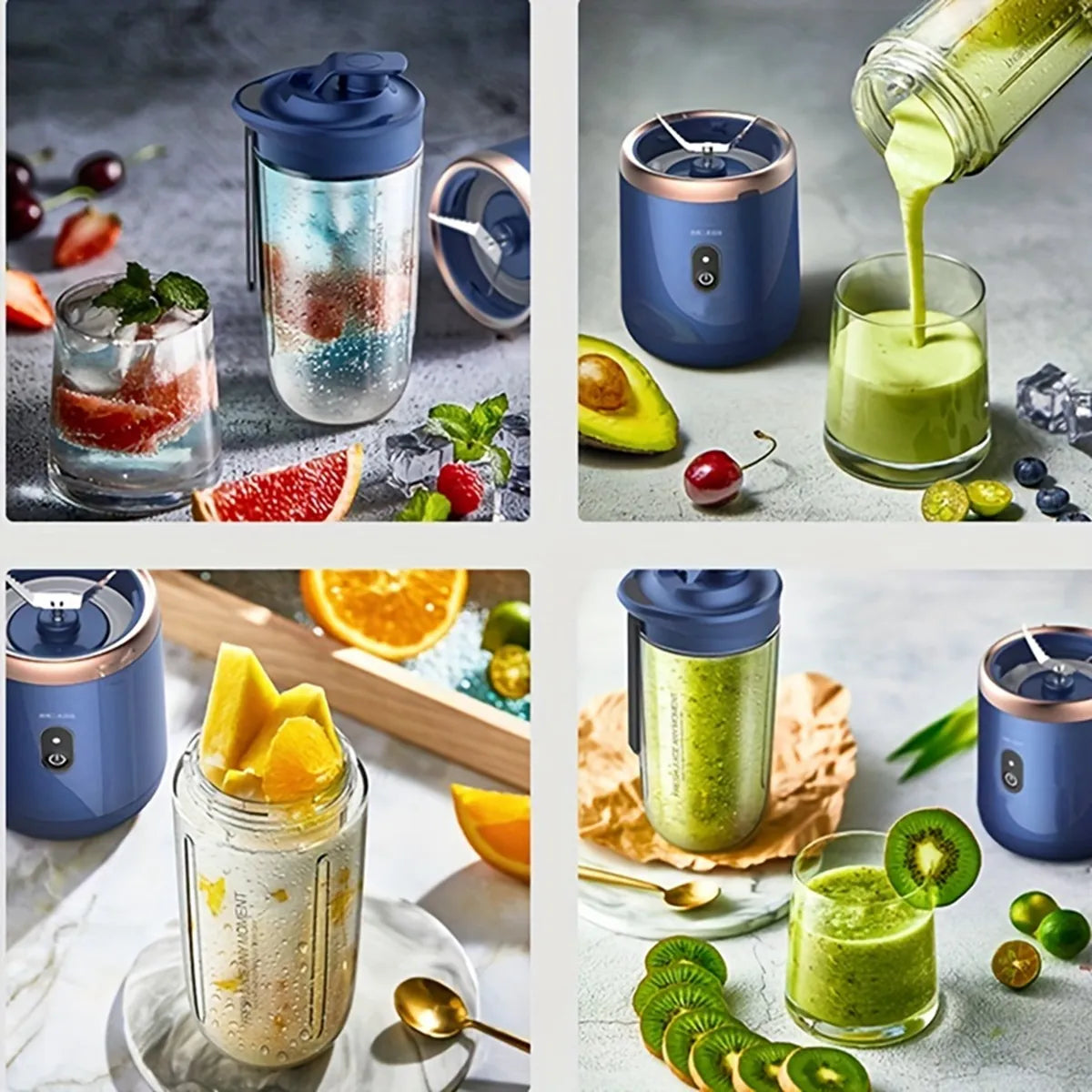 The Portable USB Juicer Blender shown in multiple settings, including making smoothies with strawberries and pouring a green smoothie. This versatile blender is ideal for creating healthy drinks anywhere, demonstrating its practical design and efficiency.