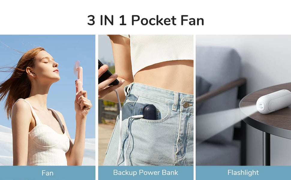Portable Fan Mini Handheld Fan USB 4500mAh Rechargeable Pocket Fan with Power Bank and Flashlight