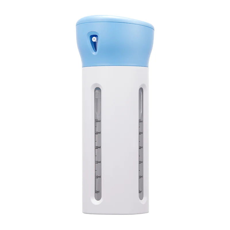 Blue Cap 4-in-1 Portable Travel Liquid Dispenser: A variant with a vibrant blue cap is visible, contrasting with the transparent body that neatly houses the liquid compartments.