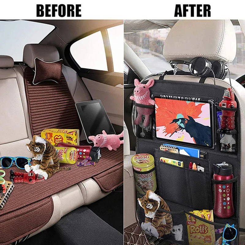 This image showcases the before-and-after comparison of a car seat with and without the Car Seat Back Organizer. The 'after' side shows the seat neatly organized with various items in designated pockets, highlighting the product’s efficiency in car organization.