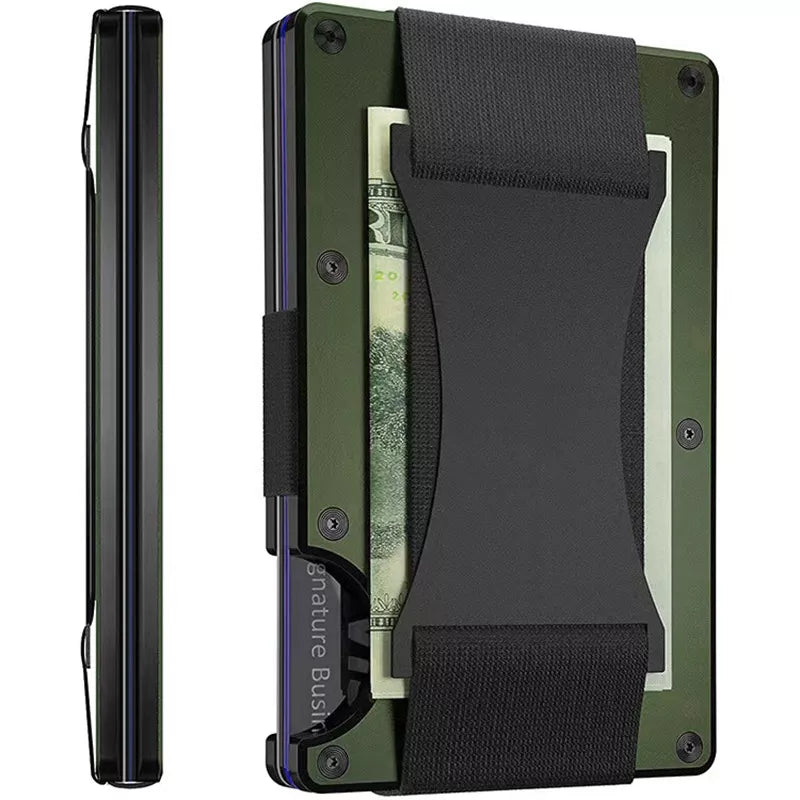 A side and front view of a slim, green card holder with elastic cash strap, showcasing a thin profile and a compartment holding US currency notes.