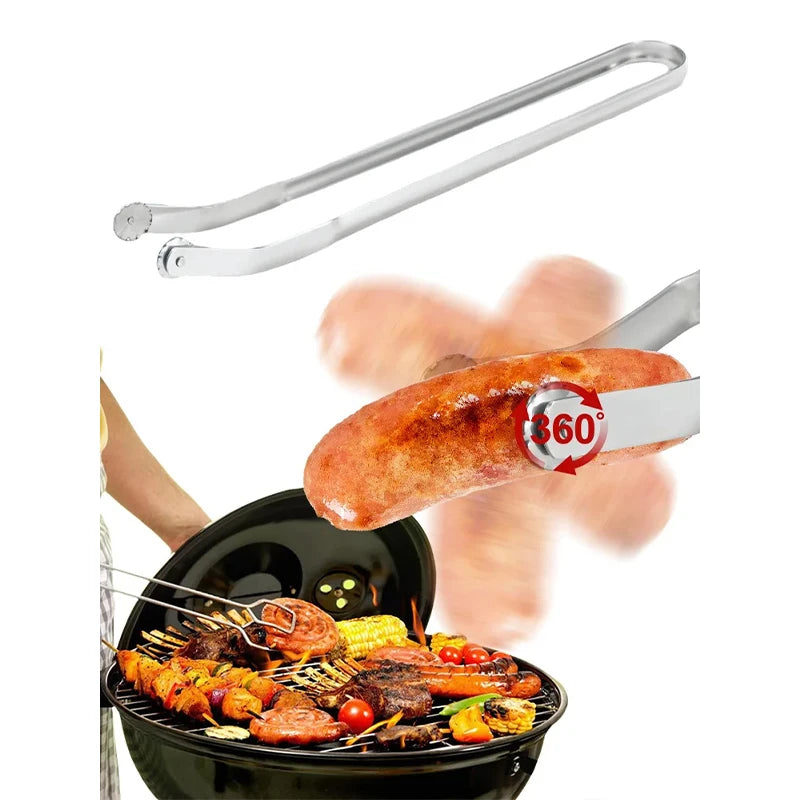 The SpinGrip Sausage & Hot Dog BBQ Tongs are shown gripping a sausage over a grill, showcasing the unique rotating disc. Perfect for any grilling accessories collection.